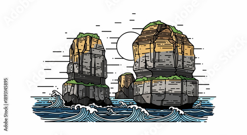 Two towering rock formations emerging from a turbulent sea with an abstract sky and crescent moon