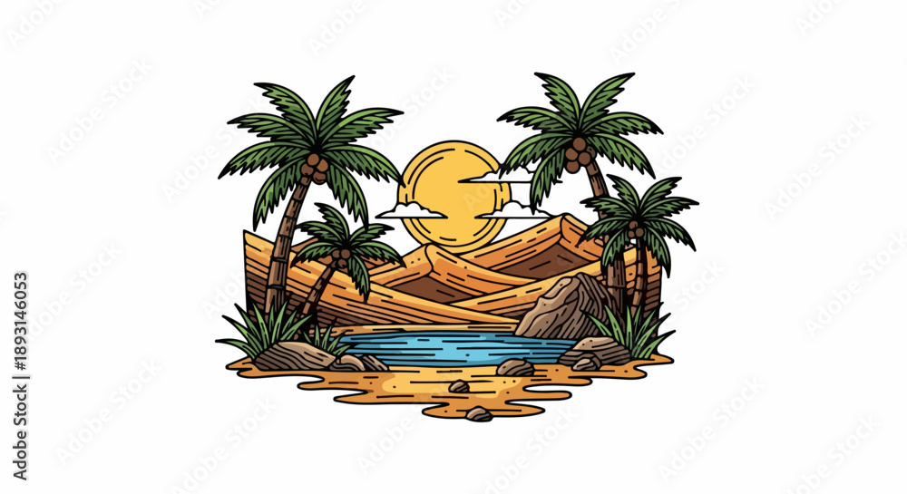 Obraz premium Tropical coastal scene with palm trees and setting sun