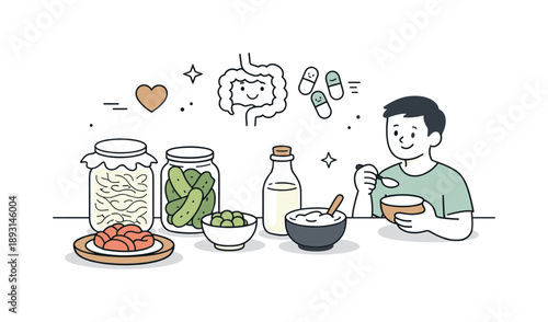 Traditional Fermented Foods. Fermentation and probiotics in food ? traditional methods. Simple editorial scene of homemade fermented foods on a