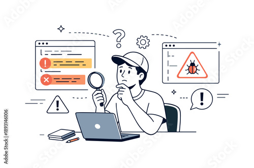 Thoughtful Debugging Process. Debugging process. Engineer fixing errors highlighted in code blocks, thoughtful analysis and attention to detail. Friendly tech
