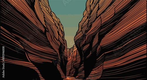 Dramatic landscape of a narrow canyon with towering vertical rock formations and earthy tones