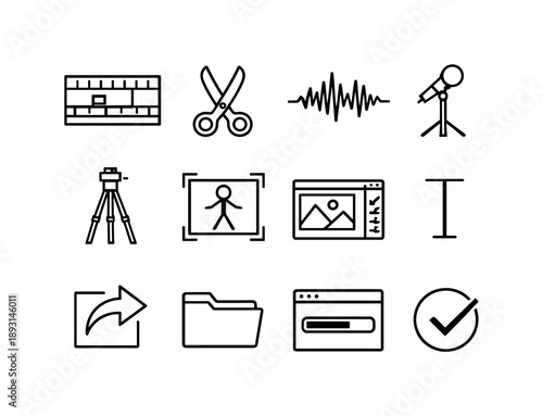 Educational Icon Set. Educational media production. Line icon set of Educational media production: video editing timeline, scissors cut tool, audio waveform,
