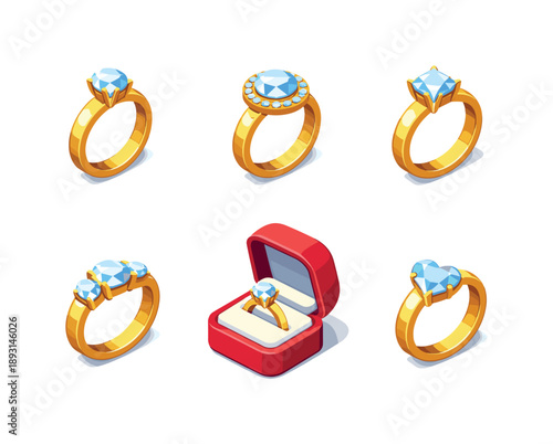 Isometric Engagement Rings. Engagement rings. Isometric flat vector icons set of Engagement rings: classic solitaire diamond ring, halo diamond ring, princess