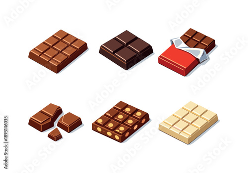 Chocolate Bars Grid. Chocolate bar. Isometric flat vector icons set of Chocolate bar: classic milk chocolate bar, dark chocolate square, chocolate bar with