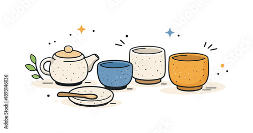 Handcrafted Stoneware Tea Cups. Stoneware tea cups. A set of handmade stoneware tea cups arranged calmly on a table, subtle texture and natural imperfections