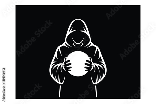 Mysterious hooded figure holding a glowing orb