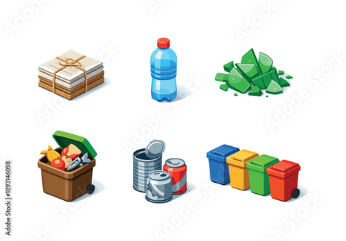 Waste Sorting Icons. Waste sorting icons. Isometric flat vector icons set of Waste sorting icons: paper waste stack, plastic bottle icon, broken glass pile,