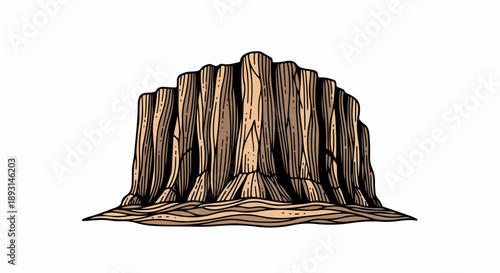 Towering rock formation with rugged cliffs and stratified texture on white background