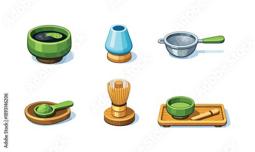 Isometric Matcha Tool Set. Matcha Tools. Isometric flat vector icons set of Matcha Tools: ceramic matcha bowl, bamboo whisk holder, fine mesh tea sifter,