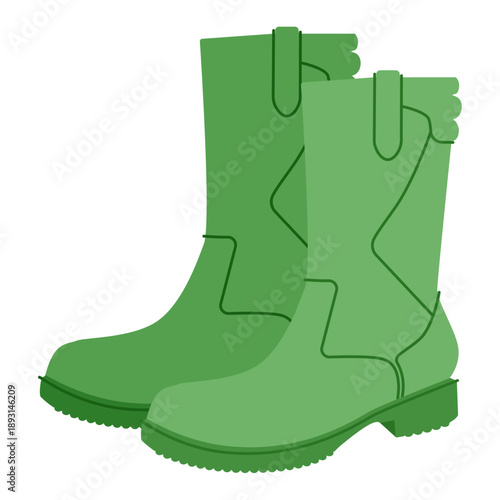 Green harness utility boot women color pair. Strap detail lug sole mid calf boot for city errands park walk weekend outfit. Technical fashion illustration CAD mockup soft vector man unisex isolated