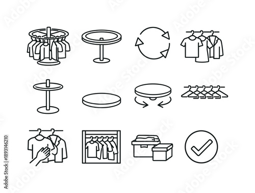 Rotating Clothing Rack Icons. Creating a Rotating Clothing Rack for Easy Access. Line icon set of Creating a Rotating Clothing Rack for Easy Access: rotating