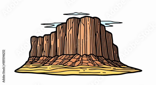 Dramatic desert landscape with stratified rock formation and sand dunes