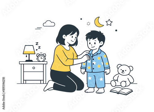Bedtime Routine Bliss. Children bedtime preparation. A child putting on pajamas or brushing teeth while a parent guides gently, symbolizing care and routine