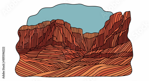 Detailed illustration of rugged mountainous terrain with reddish-brown rock formations and a light blue sky