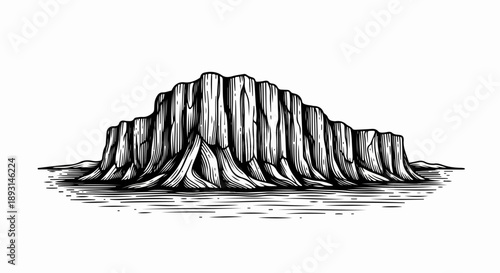 Dramatic black-and-white illustration of a layered rock formation in an arid landscape