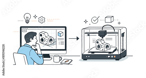 Digital Design Harmony. Digital manufacturing process. Designer reviewing a 3D model on a screen while a printer works nearby, focused and thoughtful mood.