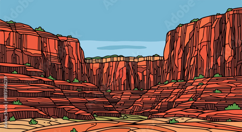 Dramatic desert canyon landscape with towering reddish-brown rock formations and sparse green vegetation under a clear blue sky