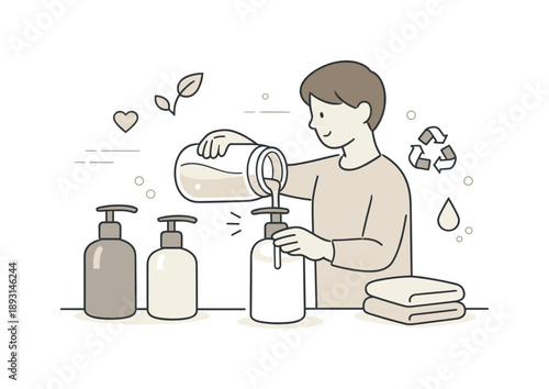 Sustainable Soap Refill. Minimal soap dispensers. A person refilling a simple pump bottle with liquid soap from a glass jar, expressing sustainability, calm
