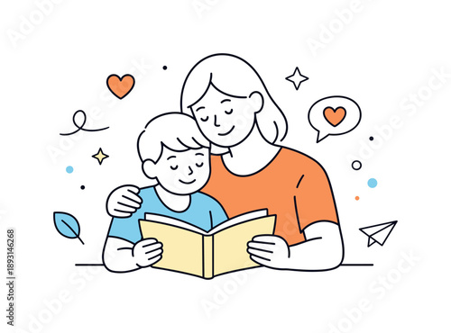 Parent-Child Embrace. Family connection. Parent and child embracing or reading together, gentle smiles and abstract shapes floating around to convey warmth.