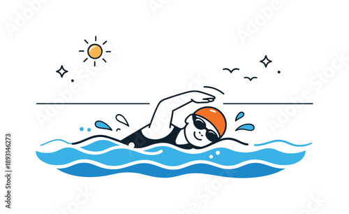 Confident Sea Swimmer. Open water swimming. A person swimming confidently in the sea, with simple horizon line and rhythmic wave patterns. The atmosphere is