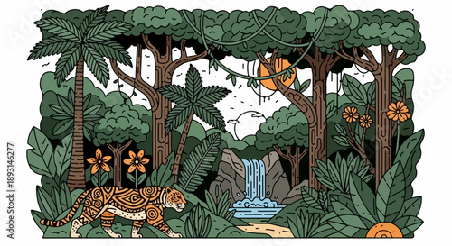 Majestic jaguar walking through dense tropical foliage with a cascading waterfall in the background