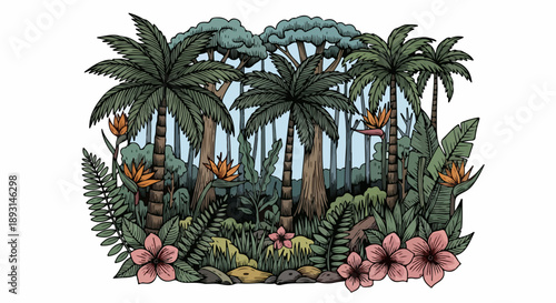 Vibrant tropical landscape with palm trees, bird-of-paradise, and hibiscus flowers under a bright blue sky