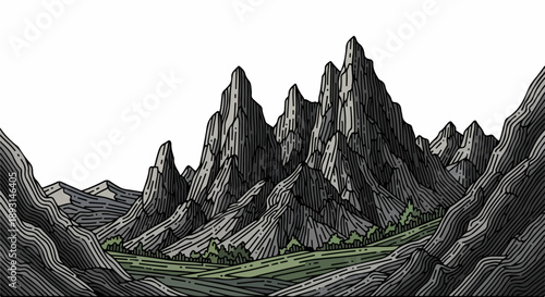 Monochromatic illustration of a rugged mountainous landscape with jagged peaks and green vegetation
