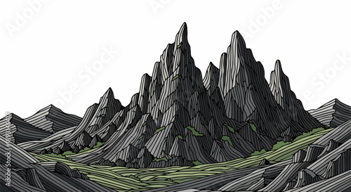 Rugged mountainous landscape with jagged peaks and green vegetation