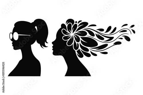 Two women profiles, one with sunglasses, one with floral hair