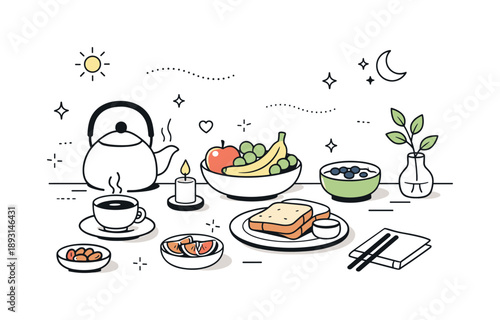 Mindful Kitchen Retreat. Food for meditation and mindfulness. A calm kitchen scene with tea, fruits, and simple dishes arranged with care. The atmosphere feels