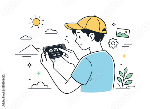 Mindful Phone Photography. Everyday photo moments. A person adjusting camera settings on a phone while observing surroundings, calm movement and visual focus.