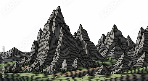 Detailed line art illustration of a dramatic mountainous landscape with jagged peaks and green vegetation accents