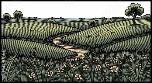 Winding dirt path through rolling green hills with tall grass and wildflowers in a tranquil countryside landscape