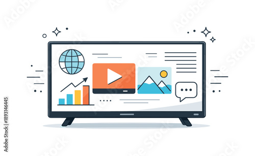 Modern TV Symbol. Television as a media symbol. A standalone TV screen with abstract graphics represents news, movies, or information flow. The illustration