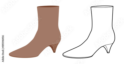 Brown curved kitten heel boot women flat plus line set. Contoured shaft with low heel for winter and festive gathering. Technical fashion illustration CAD mockup vector men unisex isolated chic style