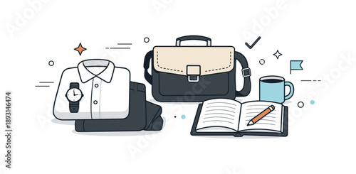 Morning Productivity Essentials. Setting out clothes for the morning productivity. An editorial-style scene showing clothes prepared next to a bag