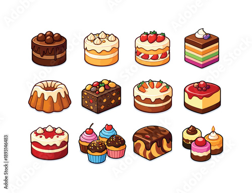 Colorful Cake Icons. Cake Types. Colorful isometric vector icons set of Cake Types: chocolate cake, vanilla cake, strawberry shortcake, layered sponge cake,