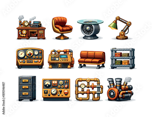 Retro Futuristic Icons. Retro Futuristic Furniture. Colorful flat vector icons set of Retro Futuristic Furniture: steam-powered desk, copper chair, turbine