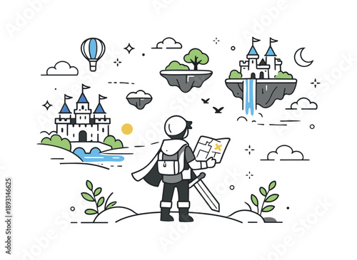 Epic Fantasy Odyssey. Fantasy gaming adventure. A player character exploring a magical world with castles and floating islands, holding a sword and map. Sense