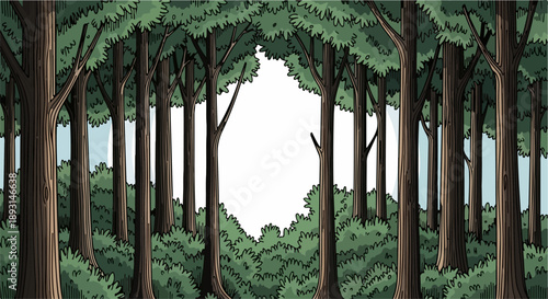 Dense forest grove with tall slender trees and vibrant green foliage under a pale blue sky