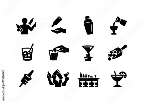 Bartending Icons Collection. Bartending Skills. Solid icon set of Bartending Skills: flair bartender, bottle flip, cocktail shaker, jigger pour, mixing glass,