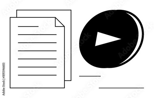Digital content creation, media playback, online education, file sharing, video streaming, multimedia tools. Paper document and play button symbol in black and white. Digital content and media