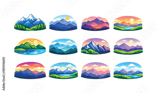 Colorful Mountain Icons. Mountain Horizon. Colorful isometric vector icons set of Mountain Horizon: distant mountain range, fading peaks, layered silhouettes,