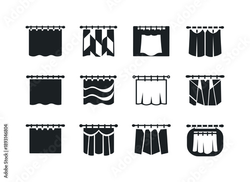 Shower Curtain Icons. Replacing shower curtain. Icon set. Set Logo of replacing shower curtain: shower curtain on rod. harmonious logo variations of the same