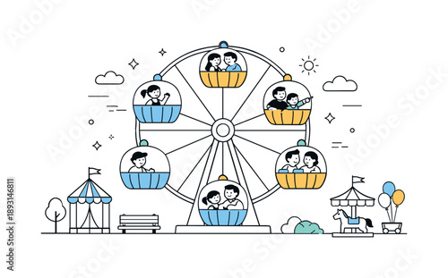 Serene Ferris Wheel Ride. People riding ferris wheel amusement park. Ferris wheel cabins moving slowly with simple park elements nearby, peaceful entertainment