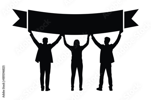 Team holding blank banner for advertisement