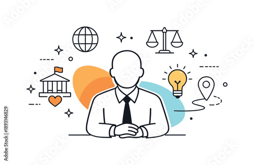 Leadership in Harmony. Civic Leadership Concept. A single abstract leader figure with calm posture, small stars and symbolic shapes around representing