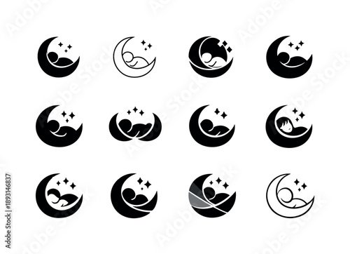 Melatonin Logo Variations. Melatonin for sleep. Icon set. Set Logo of Melatonin for sleep: abstract supplement and sleep symbol. harmonious logo variations of