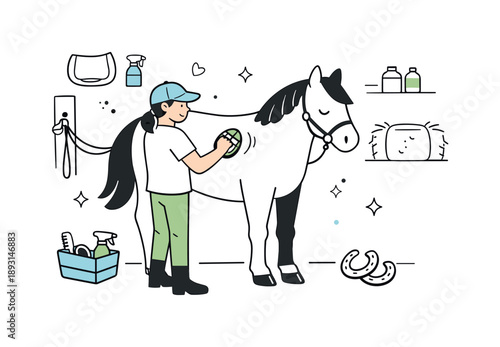Horse Care Ritual. Horse grooming routine. A person gently brushing a horse in a calm stable environment. The illustration conveys care, routine, and quiet