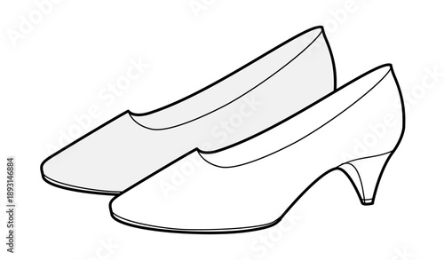 Kitten heel pump shoe women sketch pair. Closed toe dress shoe for office, dinner, everyday smart outfit. Technical fashion illustration, CAD mockup, detailed vector men unisex isolated classic style.